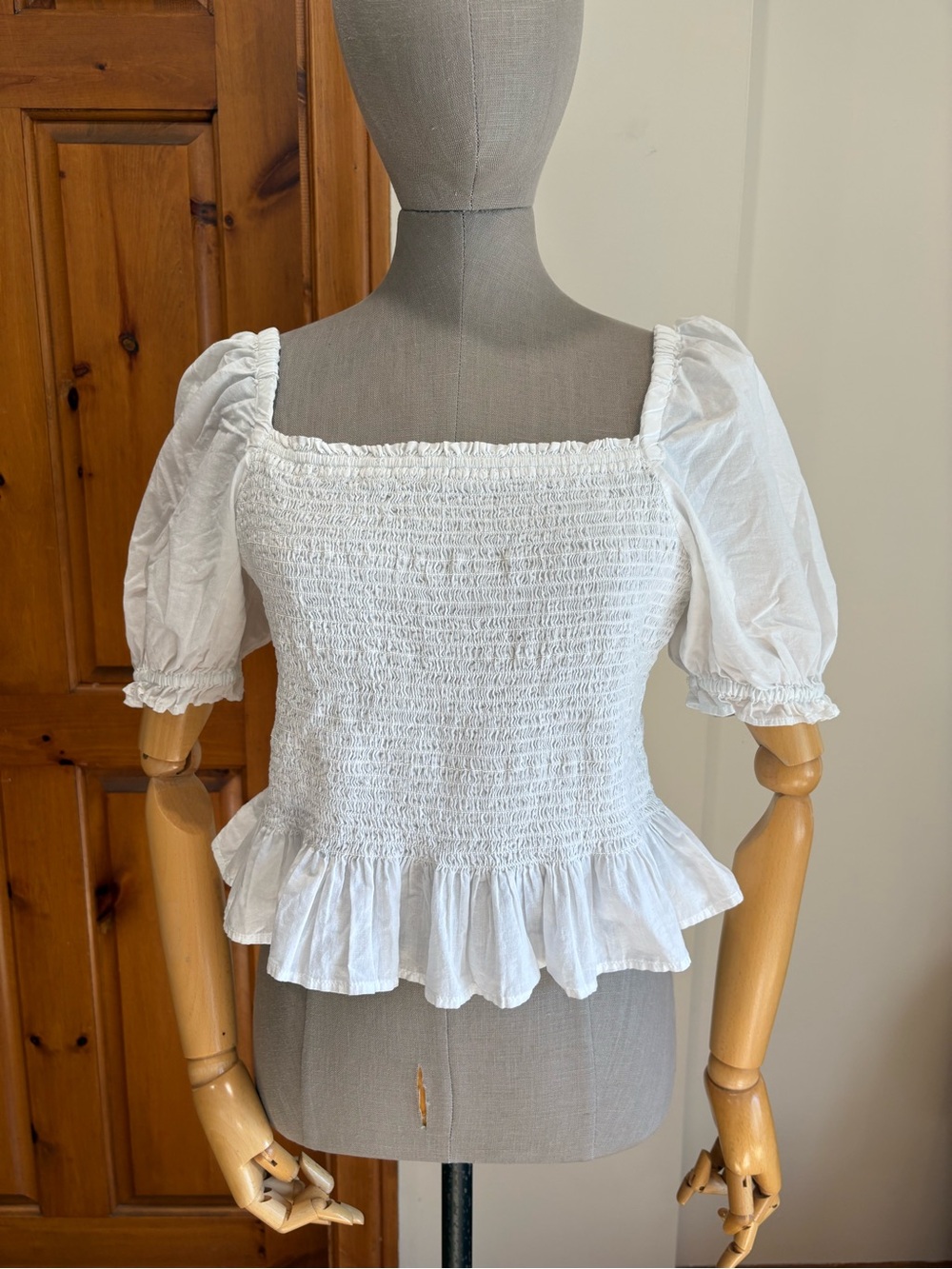 J. Crew Factory White Smocked Puff Sleeve Peplum Top